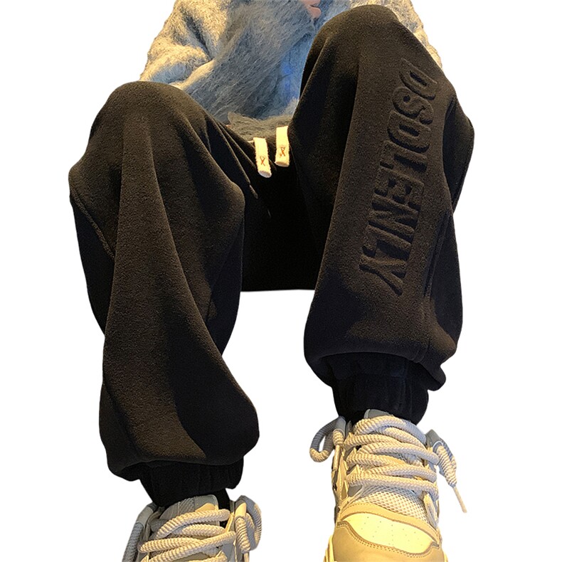 wassuphappy字母束脚卫裤男款秋冬季加绒加厚青少年阔腿休闲裤子,男装卫衣,电商B325