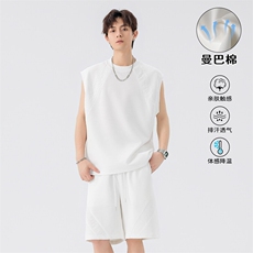 特批P55无差价25夏季港风曼巴棉大码背心短裤男套装T5099+DK5849，男装休闲套装，电商A001