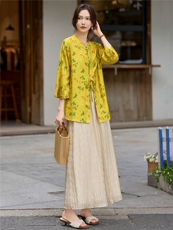 新中式（戏服改良版）印花宽松喇叭袖小衫配裙裤时尚气质两件套女，女装套装/套裙，水衣源