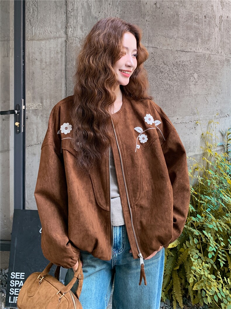 咖色刺绣麂皮绒外套女2025秋季新款超好看复古宽松小个子圆领上衣,女装短外套,浙宝101