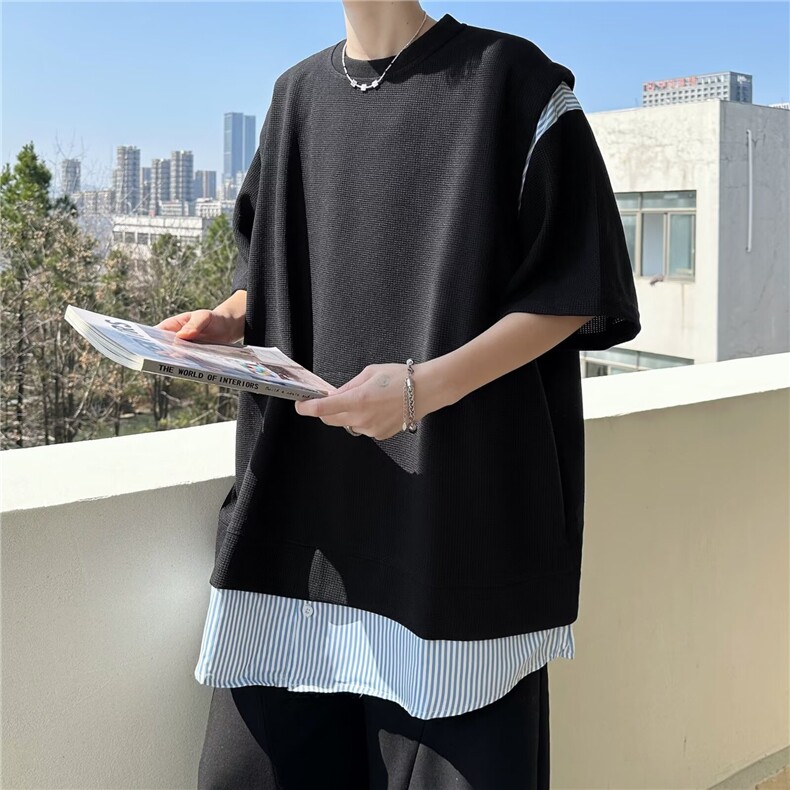 华夫格假两件T恤青春流行圆领五分袖潮流原宿夏季潮男5052P45,男装T恤,星座410-2
