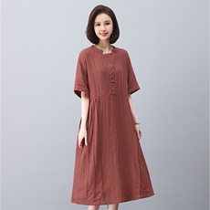 棉麻连衣裙夏季2025新款妈妈遮肚显瘦宽松a字裙亚麻裙子女中长款，女装连衣裙，叶笙衣