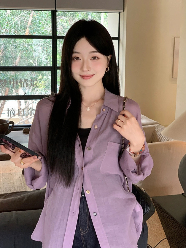 夏季松弛感宽松轻薄微透衬衫,女装衬衫,湘姗