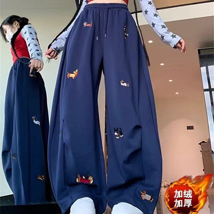 拉夏贝尔美式腊肠狗刺绣弯刀阔腿裤女2025年秋款高腰运动风休闲裤，男装休闲裤，星座1210-1