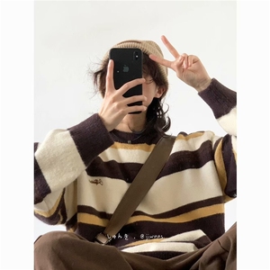 M213-P45 冬日系学院风拼色条纹毛衣女生宽松字母刺绣针织打底衫图片