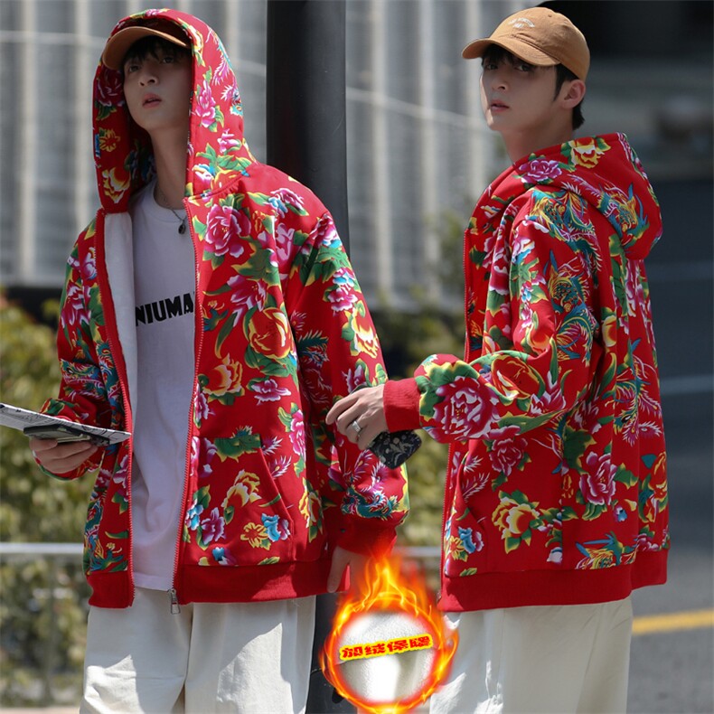 A203冬加绒加厚保暖连帽开衫卫衣东北大花风民族特色大码土潮，男装卫衣，星座115A(原星座507）