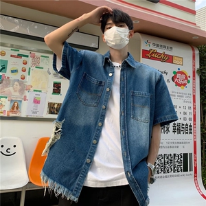 牛仔衬衫男破洞高街帅个性2023夏季新款ins宽松百搭外套CY448-P50图片