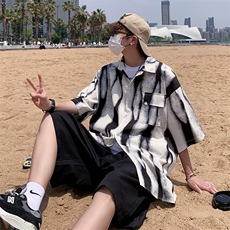 扎染衬衫短袖夏季薄款五分袖衬衣日系复古宽松半袖潮流CS0780-P35，男装衬衫，星座308B-1