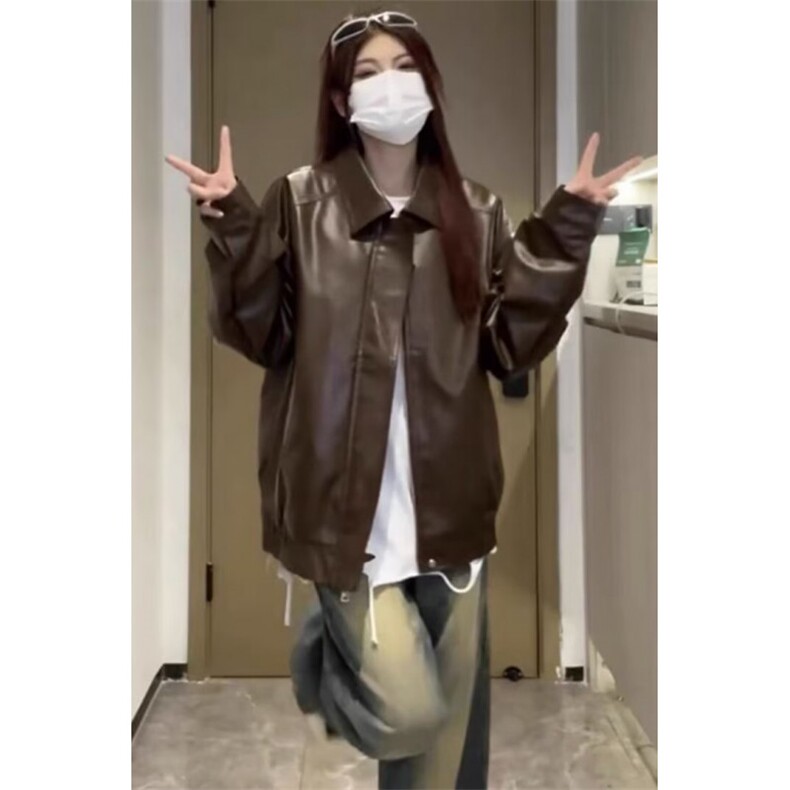 美拉德棕色皮衣外套机车服翻领复古宽松PU夹克上衣Y1023-P68网图,男装夹克,电商B245