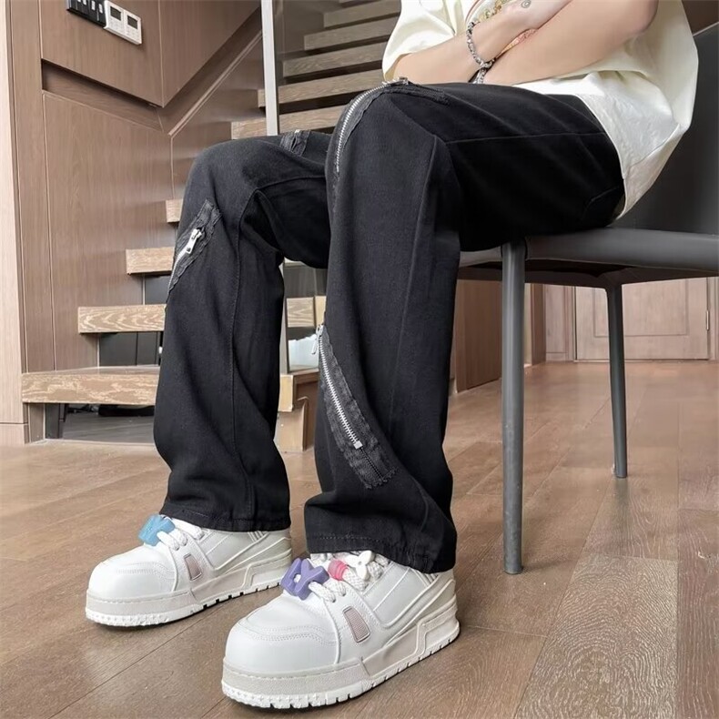 港风夏款男牛仔裤工装拉链拼接直筒宽松长裤NK136P40,男装牛仔裤,星座1013-1