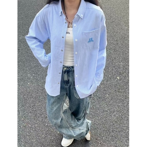 DD306P40美式条纹衬衫小狗刺绣长袖衬衣多巴胺外套宽松开衫上衣图片