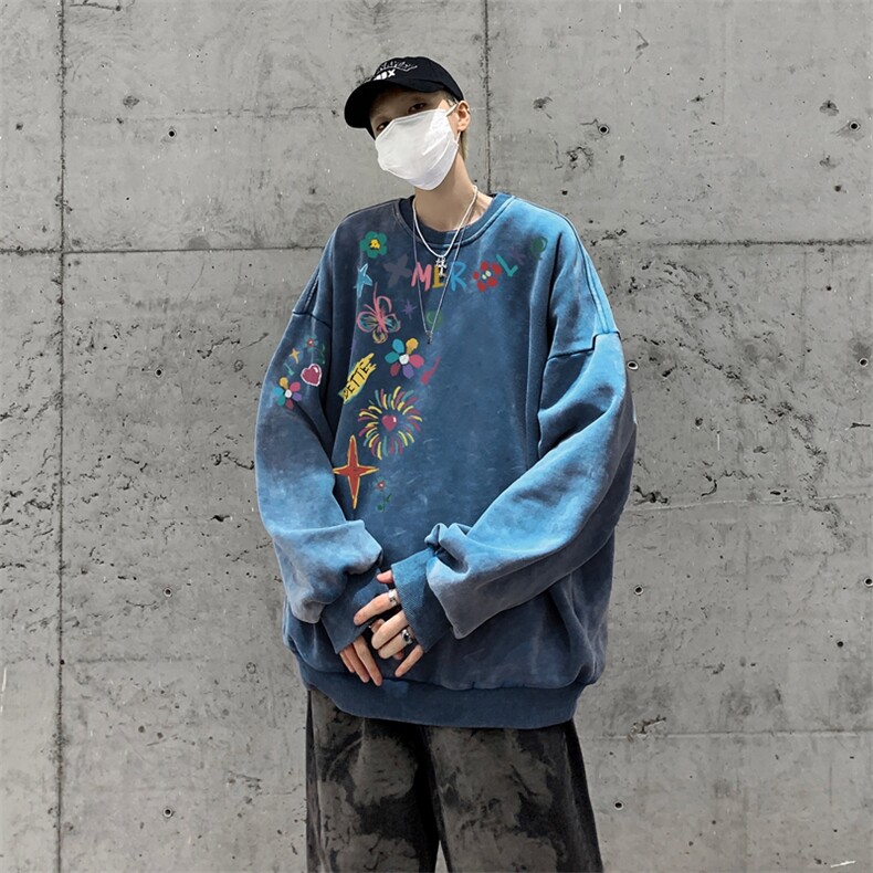 美式潮牌重磅水洗做旧圆领卫衣力推大码男XZ517A-BK5555-P58,男装卫衣,星座517A