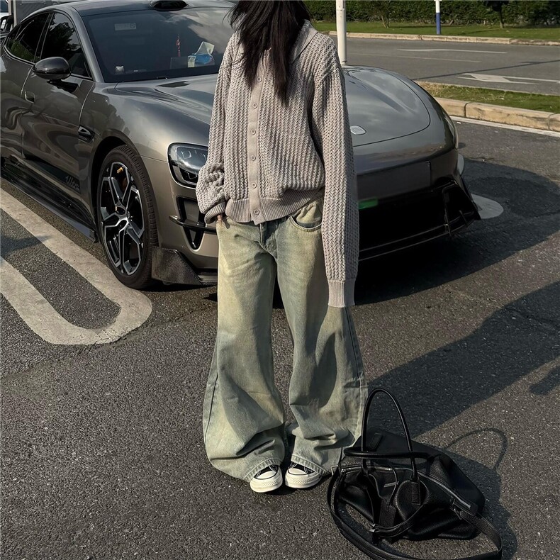 美式浅色阔腿牛仔裤女小个子秋季秋冬2025新款高腰宽松直筒拖地裤,男装牛仔裤,星座506A
