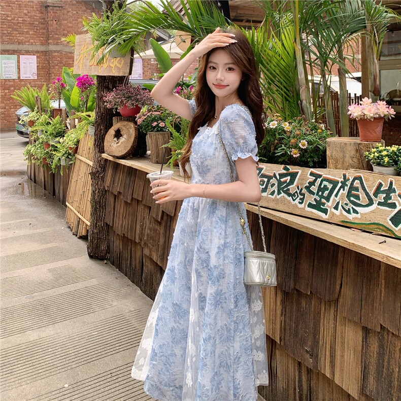 法式蓝色花朵短袖连衣裙女夏季新款方领收腰长裙甜美建立气质裙子,女装连衣裙,艾米莉亚