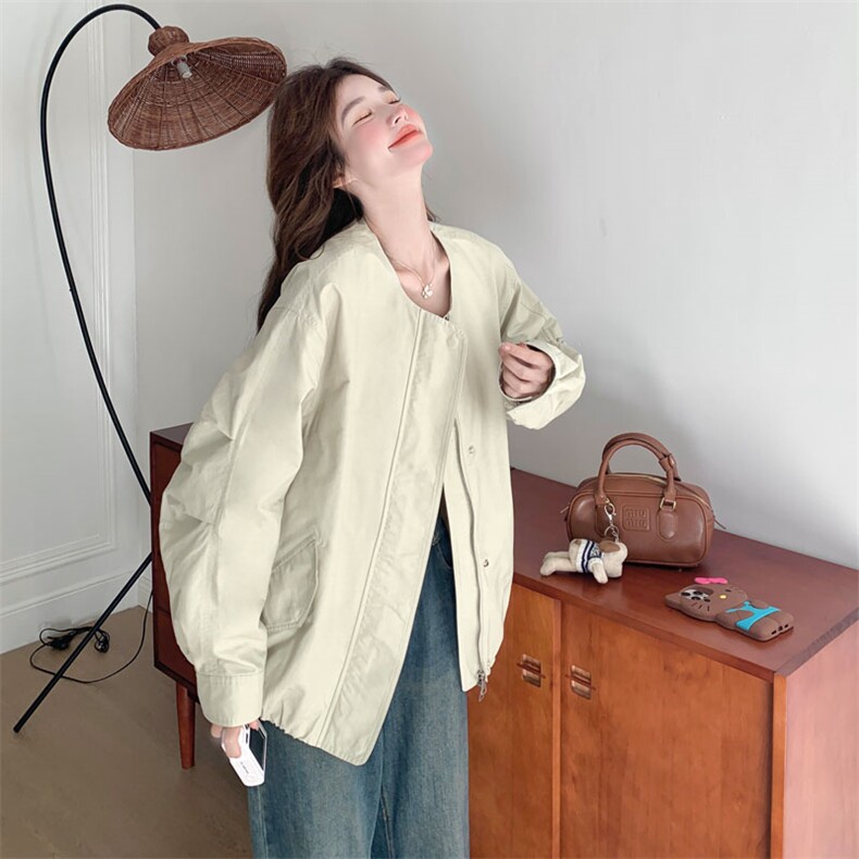 米白色工装棒球服外套女春秋2025新款飞行服机车服爆款宽松流行,女装短外套,2D143