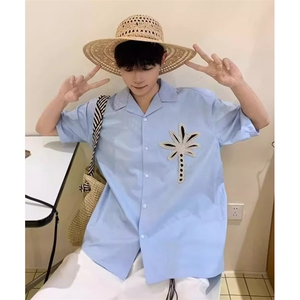 夏季简约基础椰树刺编织短袖衬衫度假风百搭休闲衬衣C22541
