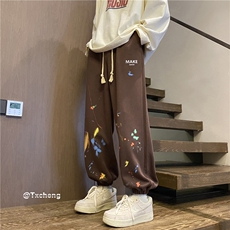 2023秋季新款港风彩色泼墨印花宽松束脚卫裤B315-K23431-p50控78，男装休闲裤，电商B315