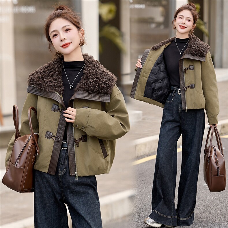 现货工装大翻领短款羽绒服女2026冬季新款加厚保暖派克服外套,女装羽绒服,美沁