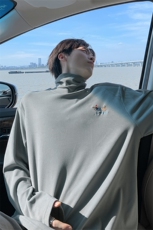 痞帅高街腊肠狗刺绣双面德绒高领大码长袖T恤男T24501-特P21控39，男装T恤，电商A001-1