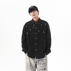 复古重工镶砖牛仔外套男高街宽松水洗衬衫长袖翻领上衣JK1086-P90，男装衬衫，星座1103-3