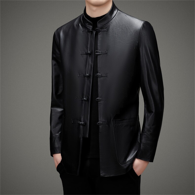 BAMJ-7739钱塘2020-2中年男士商务休闲唐装秋季皮衣夹克外套P560,男装皮衣,钱塘207-2