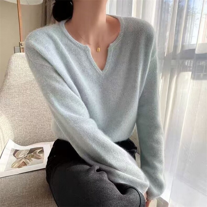 时尚洋气红色V领衫女宽松显瘦套头毛衣针织薄款打底衫上衣,女装羊毛衫,旭驰羊绒