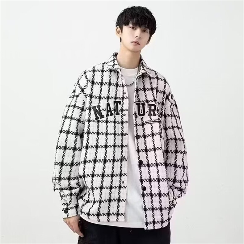 【006】格子衬衫外套长袖蓝色衬衫扎染水洗宽松A079-CS454-P46,男装衬衫,电商A079