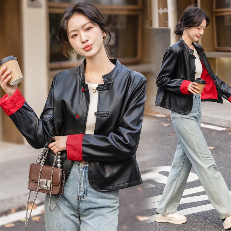 新中式盘扣皮衣外套女2025秋季新款超好看皮夹克PU拼接外套,女装皮衣,韩美纤衣