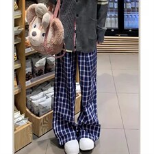 美式高街潮牌男女泡泡格子休闲裤直筒宽松慵懒显瘦阔腿休闲长裤子，男装休闲裤，电商A443