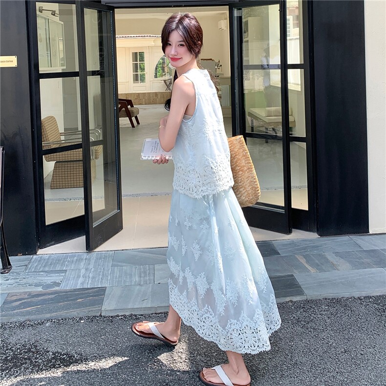 新中式国风套装女2025夏季新款超好看蕾丝拼接马甲半身裙两件套,女装套装/套裙,2C133