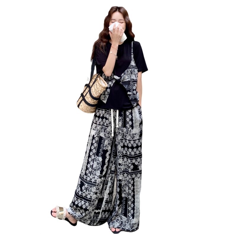 复古印花假两件上衣阔腿裤两件套女2025夏新款法式松弛感休闲套装,女装套装/套裙,2C115