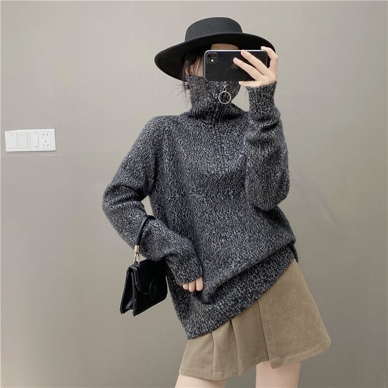 欧货秋冬新款软糯山羊绒衫女毛衣拉链高领宽松套头加厚针织打底衫,女装羊绒衫,织绒羊