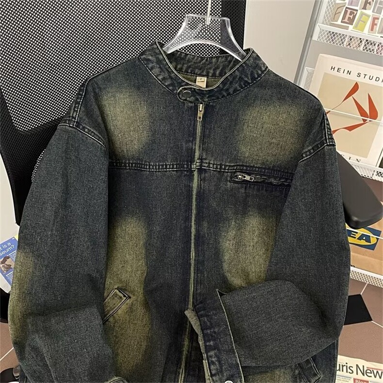 高级感美式复古牛仔外套男秋季炸街痞帅复古水洗做旧宽松休闲夹克图片