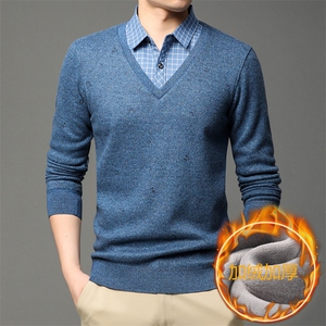 中年男士假两件保暖打底针织衫秋冬季新款爸爸装加绒加厚毛衣图片