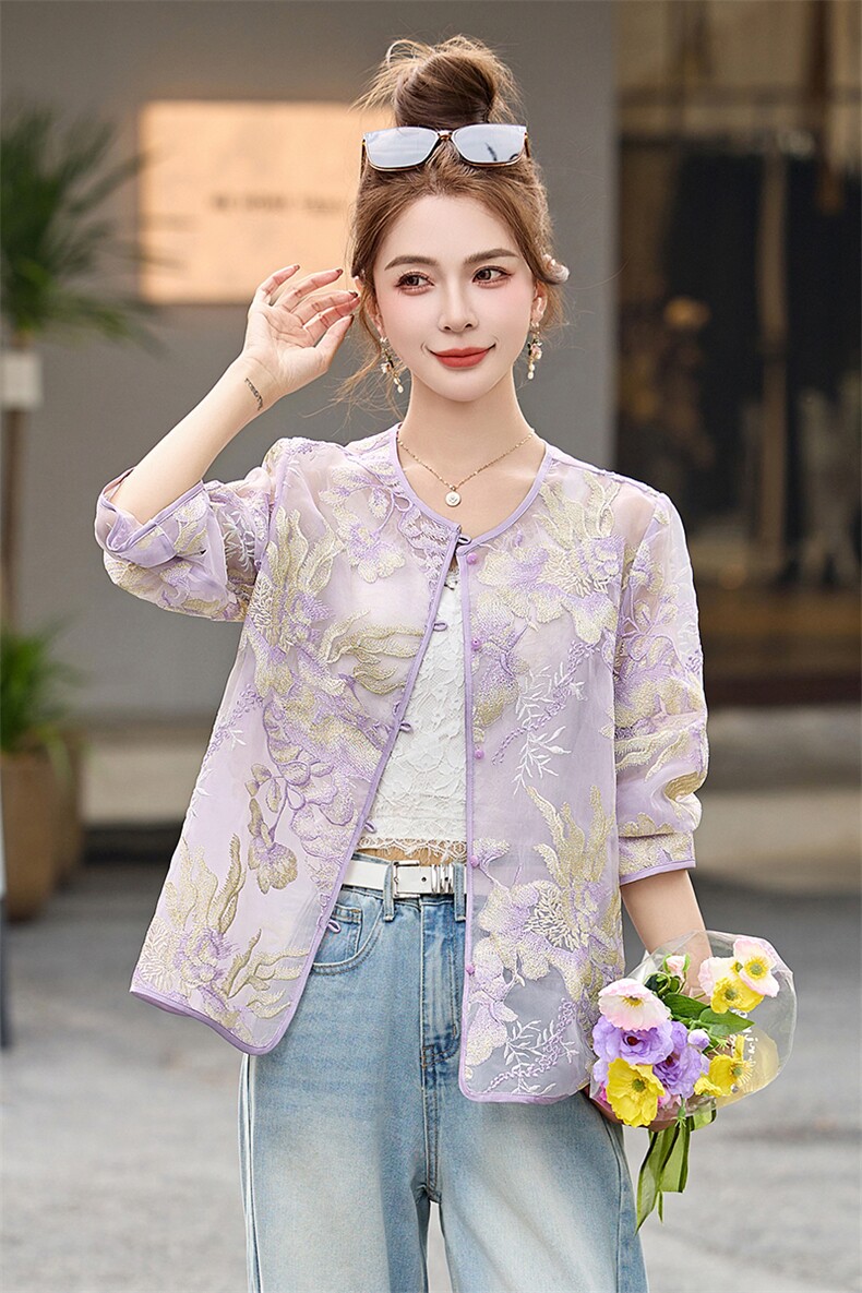 温柔紫色刺绣薄款外套女2025春夏新款漂亮新中式国风防晒开衫上衣,女装短外套,伊仟回