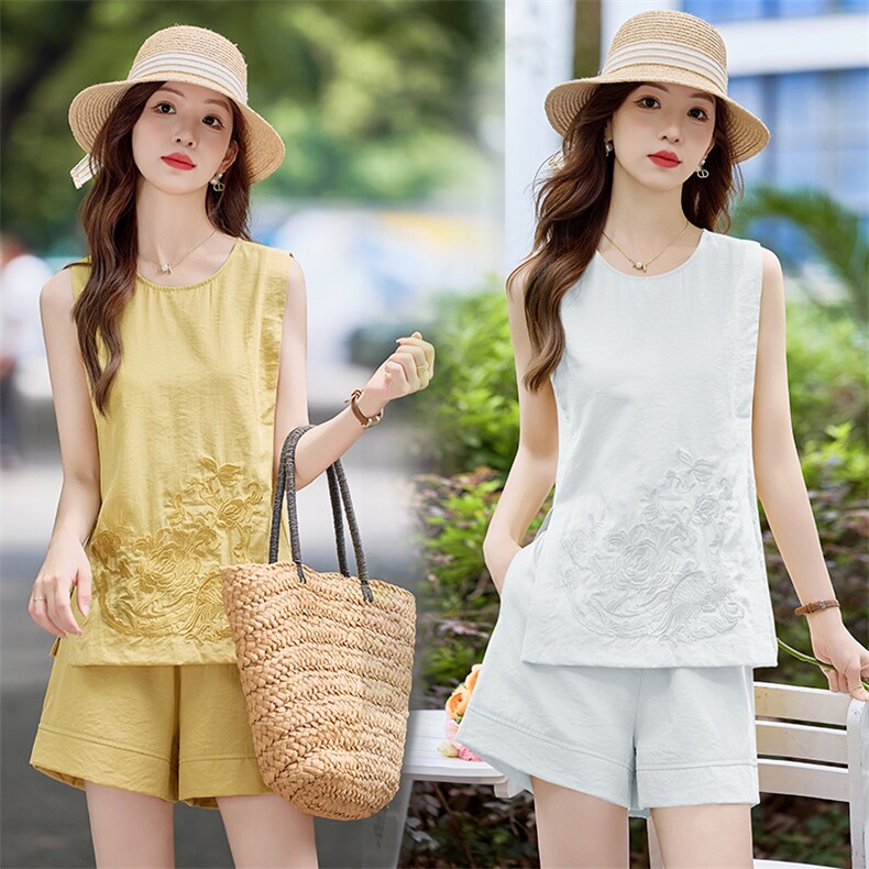高级感刺绣棉麻风套装女2025夏季新款时尚减龄无袖背心短裤两件套，女装套装/套裙，星宇服饰