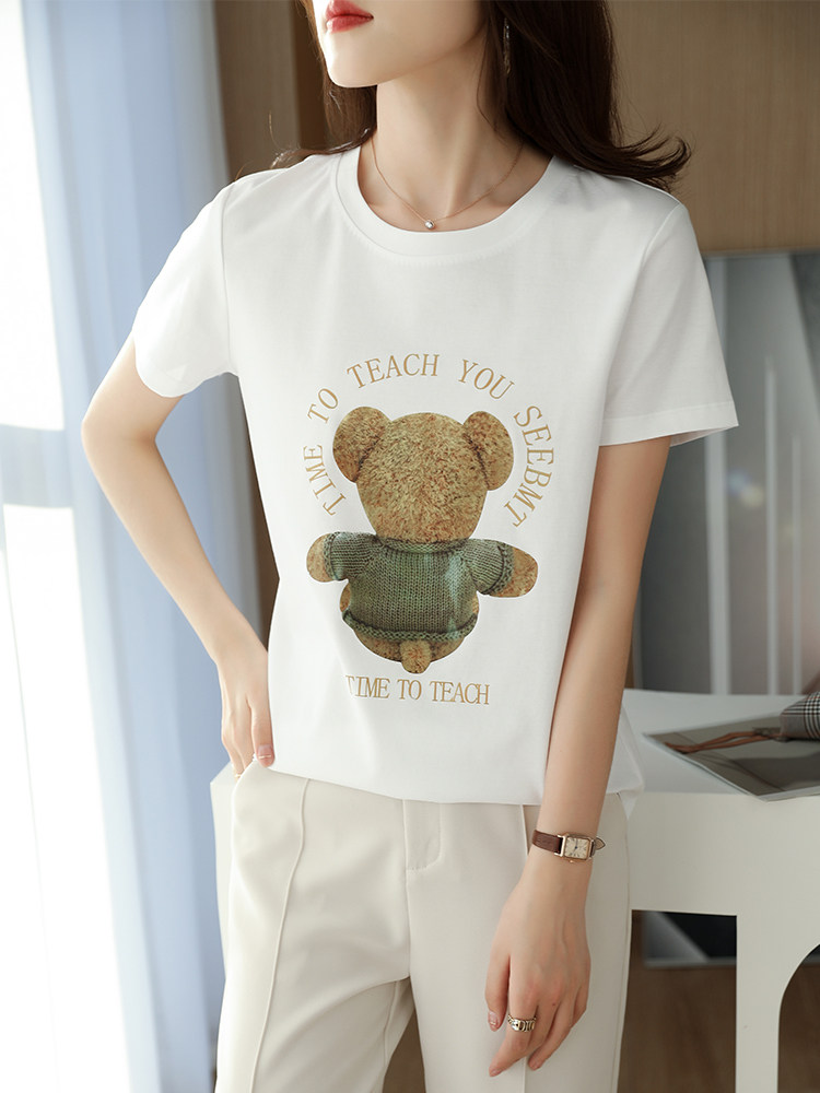 小熊背影烫画夏季时尚小众个性棉T,女装T恤,元素羊绒