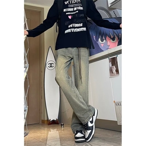 牛仔裤男美式潮牌高街hiphop宽松夏季水洗直筒微喇裤子71666-p45图片