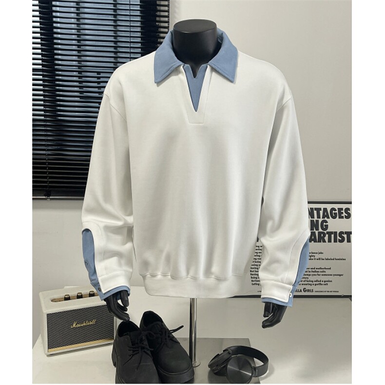 自家图！假两件翻领拼接宽松套头高级感卫衣，男装卫衣，星座617C