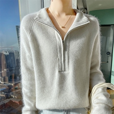 秋冬半开领拉链100%纯羊毛衫女高领加厚长袖针织毛衣宽松羊绒打底，女装羊毛衫，冀清阳荣