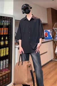夏季冰丝短袖衬衫男女 黑色宽松百搭学院风衬衣C1122-特P23图片