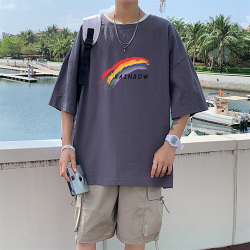 YT26064-P30亚麻短袖t恤男大码五分袖男宽松七分袖港风模特,男装T恤,电商A040