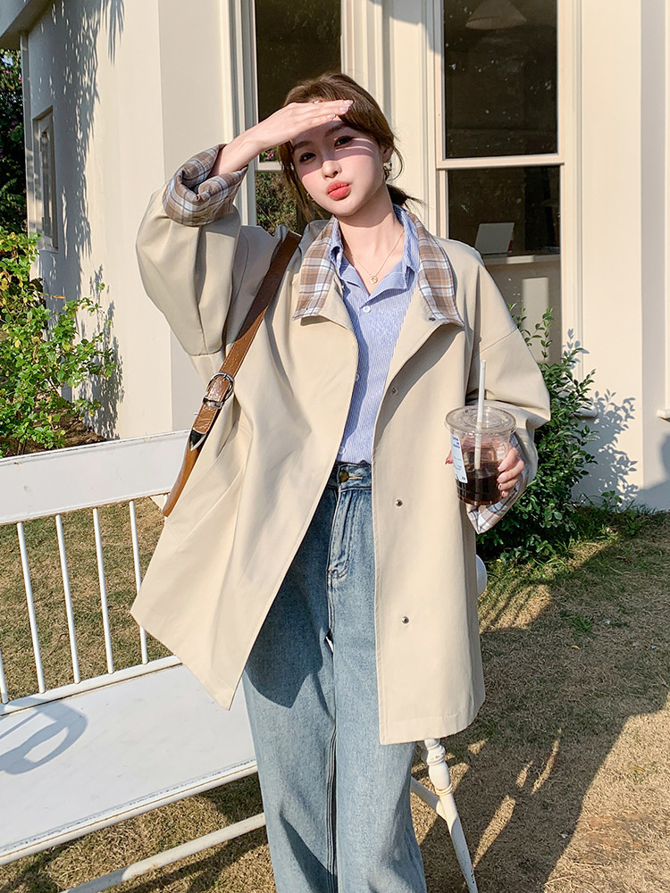 格子拼接风衣外套女春秋2025新款小个子休闲百搭显瘦大衣超火减龄,女装风衣,浙宝A馆126