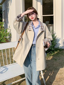 格子拼接风衣外套女春秋2025新款小个子休闲百搭显瘦大衣超火减龄图片