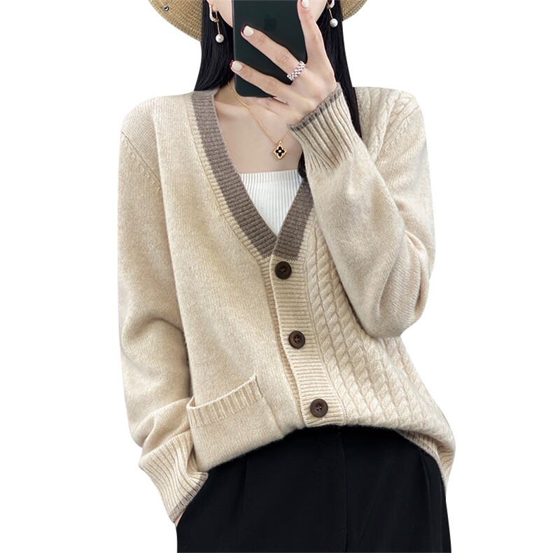 秋冬新款100%羊绒开衫女撞色加厚V领麻花羊毛针织衫宽松毛衣外套,女装羊毛衫,片语羊绒