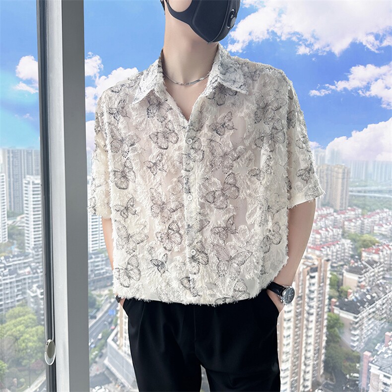 风立体花卉短袖衬衫流苏碎花薄款镂空透视衬衫CS696-P58,男装衬衫,电商A368