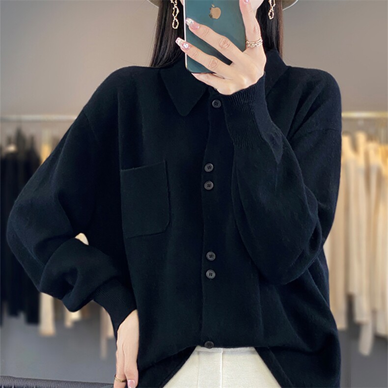 气质羊毛POLO领针织开衫毛衣女宽松慵懒春秋装打底衬衫外套上衣图片