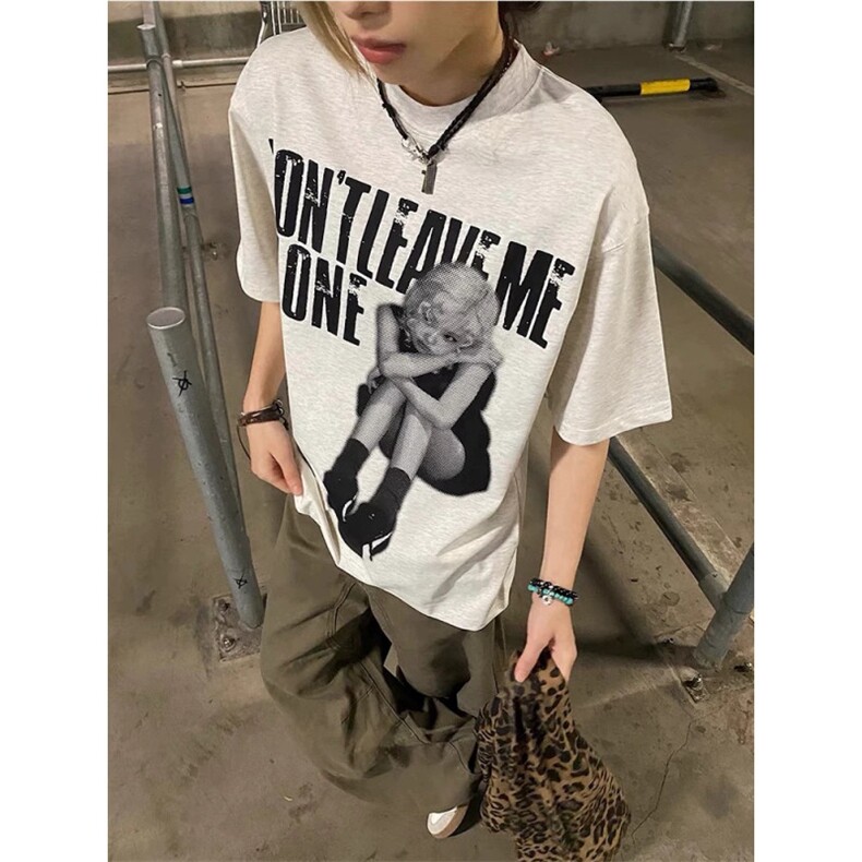 美式复古人像印花短袖男夏季欧美潮牌重磅t恤cleanfit宽松七分袖，男装T恤，四季星座505