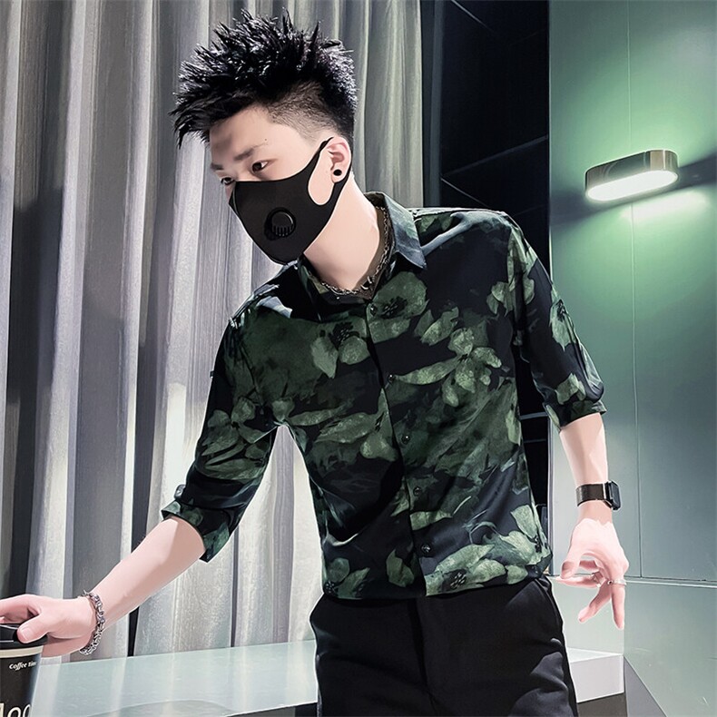 301A-1 CS585 P55 社会小伙店主风男士夏季花衬衫男中袖 潮 绿图片
