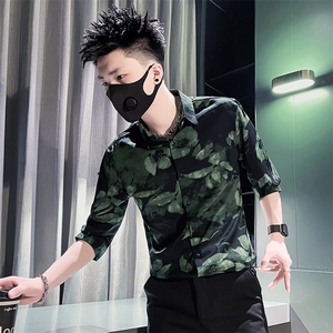 301A-1 CS585 P55 社会小伙店主风男士夏季花衬衫男中袖 潮 绿图片